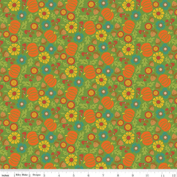 Image of the Autumn Afternoon Pumpkins Green quilting cotton fabric by Heather Peterson for Riley Blake Designs. Features flowers, pumpkins, mushrooms, leaves, and acorns on a green background. 
Cute Little Fabric Shop