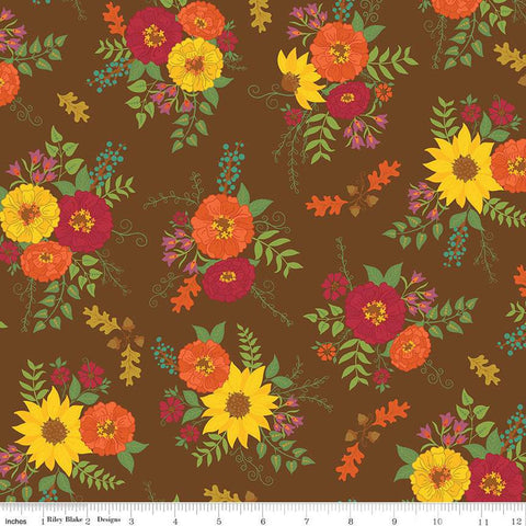 Image of the Autumn Afternoon Main Brown quilting cotton fabric by Heather Peterson for Riley Blake Designs. Features clusters of flowers and leaves and sprigs of oak leaves and acorns on a brown background. 
Cute Little Fabric Shop