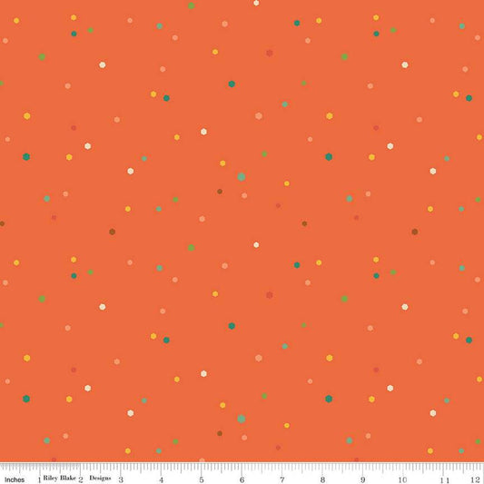Image of the Autumn Afternoon Hexi Dots Orange quilting cotton fabric by Heather Peterson for Riley Blake Designs. Features multicolored hexagon polka dots on an orange background. 
Cute Little Fabric Shop
