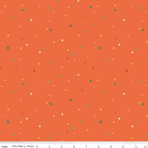 Image of the Autumn Afternoon Hexi Dots Orange quilting cotton fabric by Heather Peterson for Riley Blake Designs. Features multicolored hexagon polka dots on an orange background. 
Cute Little Fabric Shop