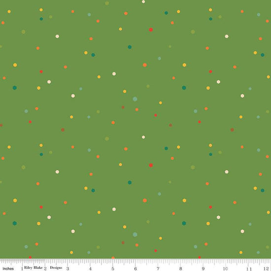 Image of the Autumn Afternoon Hexi Dots Green quilting cotton fabric by Heather Peterson for Riley Blake Designs. Features multicolored hexagon polka dots on a green background. 
Cute Little Fabric Shop