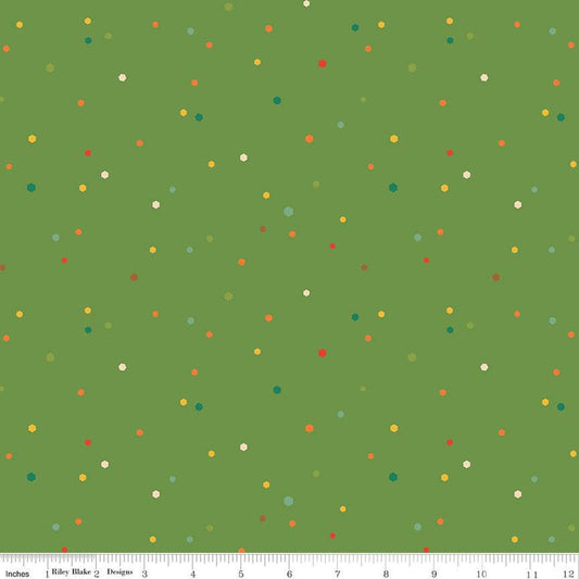 Image of the Autumn Afternoon Hexi Dots Green quilting cotton fabric by Heather Peterson for Riley Blake Designs. Features multicolored hexagon polka dots on a green background. 
Cute Little Fabric Shop