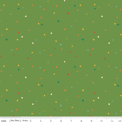 Image of the Autumn Afternoon Hexi Dots Green quilting cotton fabric by Heather Peterson for Riley Blake Designs. Features multicolored hexagon polka dots on a green background. 
Cute Little Fabric Shop