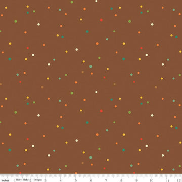 Image of the Autumn Afternoon Hexi Dots Brown quilting cotton fabric by Heather Peterson for Riley Blake Designs. Features multicolored hexagon polka dots on a medium brown background. 
Cute Little Fabric Shop