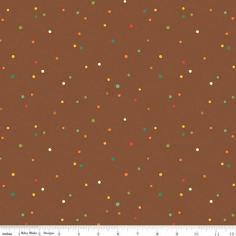 Image of the Autumn Afternoon Hexi Dots Brown quilting cotton fabric by Heather Peterson for Riley Blake Designs. Features multicolored hexagon polka dots on a medium brown background. 
Cute Little Fabric Shop