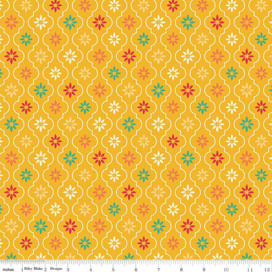 Image of the Autumn Afternoon Moroccan Tile Saffron quilting cotton fabric by Heather Peterson for Riley Blake Designs. Features a damask design with daisies on a yellow background. 
Cute Little Fabric Shop