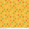 Image of the Autumn Afternoon Moroccan Tile Saffron quilting cotton fabric by Heather Peterson for Riley Blake Designs. Features a damask design with daisies on a yellow background. 
Cute Little Fabric Shop