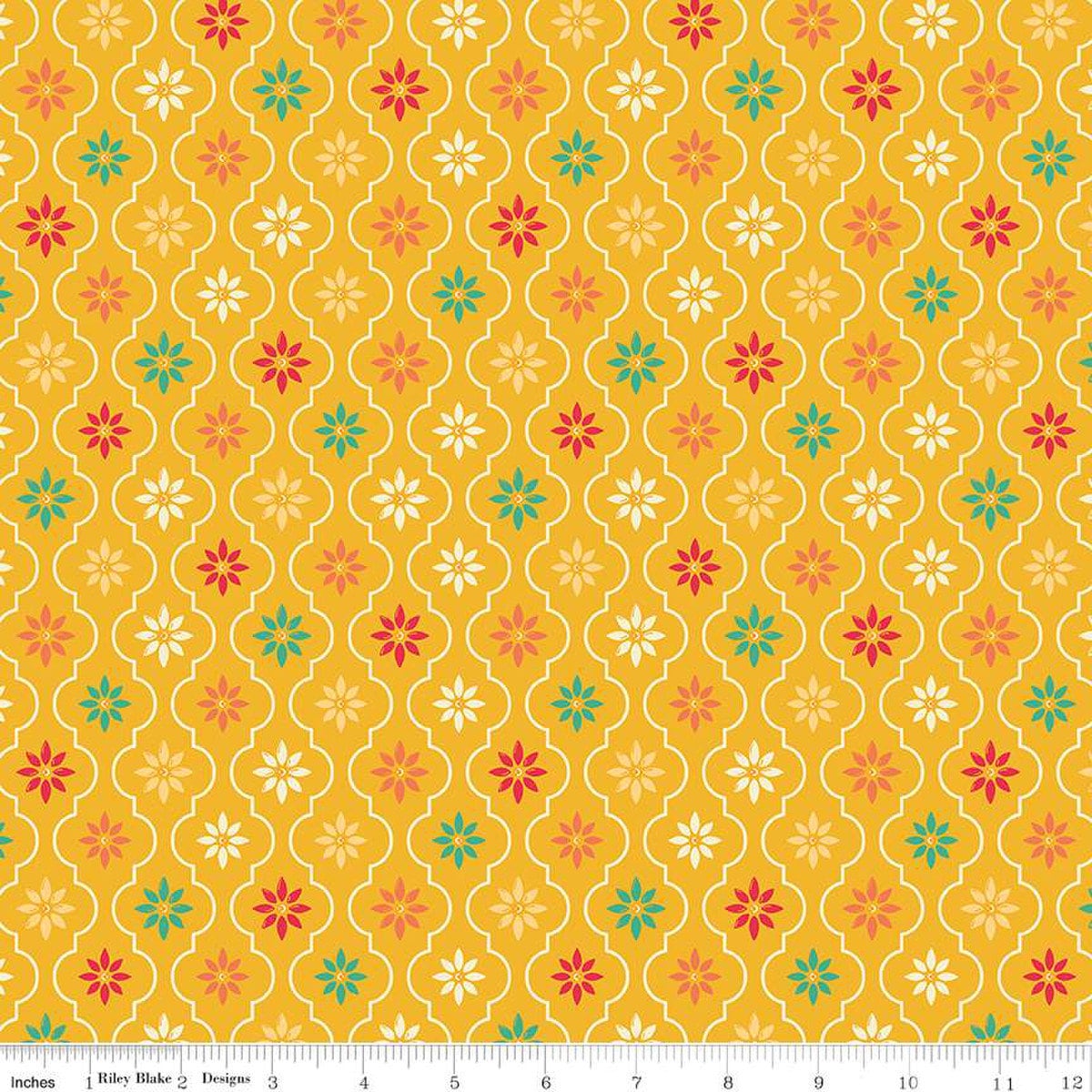 Image of the Autumn Afternoon Moroccan Tile Saffron quilting cotton fabric by Heather Peterson for Riley Blake Designs. Features a damask design with daisies on a yellow background. 
Cute Little Fabric Shop