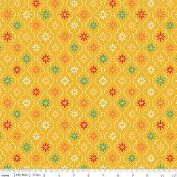 Image of the Autumn Afternoon Moroccan Tile Saffron quilting cotton fabric by Heather Peterson for Riley Blake Designs. Features a damask design with daisies on a yellow background. 
Cute Little Fabric Shop