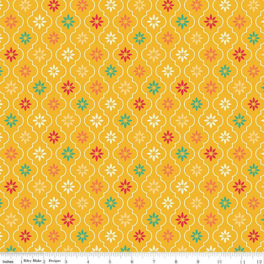 Image of the Autumn Afternoon Moroccan Tile Saffron quilting cotton fabric by Heather Peterson for Riley Blake Designs. Features a damask design with daisies on a yellow background. 
Cute Little Fabric Shop