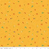 Image of the Autumn Afternoon Fall Toss Saffron quilting cotton fabric by Heather Peterson for Riley Blake Designs. Features scattered flowers, pumpkins, and acorns on a yellow background. 
Cute Little Fabric Shop