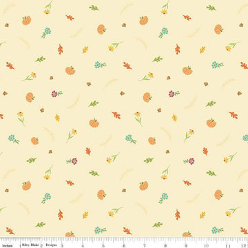 Image of the Autumn Afternoon Fall Toss Cream quilting cotton fabric by Heather Peterson for Riley Blake Designs. Features scattered flowers, pumpkins, and acorns on a cream background. 
Cute Little Fabric Shop