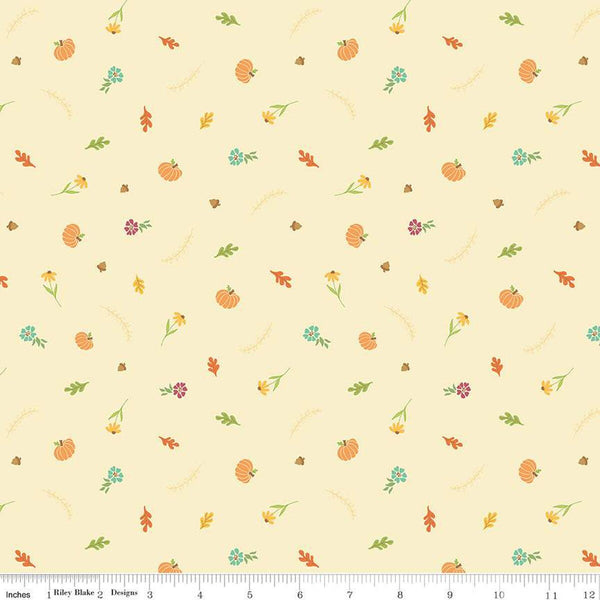 Image of the Autumn Afternoon Fall Toss Cream quilting cotton fabric by Heather Peterson for Riley Blake Designs. Features scattered flowers, pumpkins, and acorns on a cream background. 
Cute Little Fabric Shop