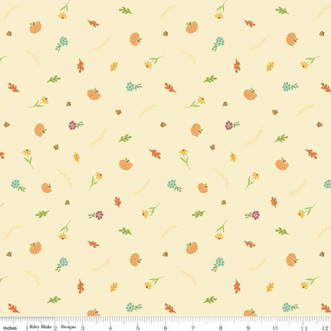 Image of the Autumn Afternoon Fall Toss Cream quilting cotton fabric by Heather Peterson for Riley Blake Designs. Features scattered flowers, pumpkins, and acorns on a cream background. 
Cute Little Fabric Shop