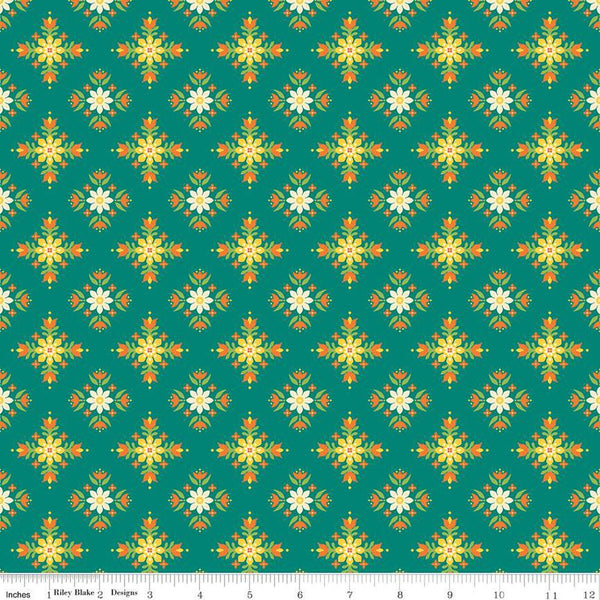 Image of the Autumn Afternoon Flower Clusters Teal quilting cotton fabric by Heather Peterson for Riley Blake Designs. Features a tiled design with clusters of flowers on a teal green background. 
Cute Little Fabric Shop