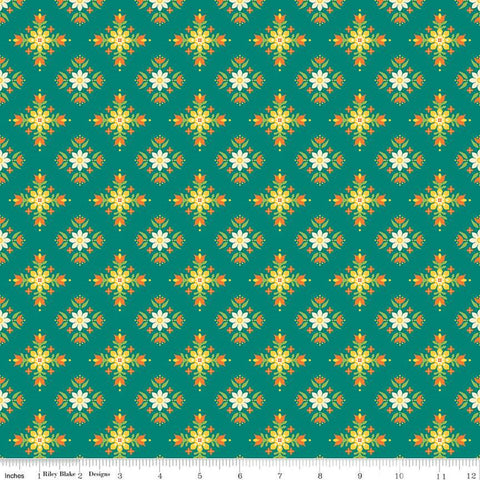 Image of the Autumn Afternoon Flower Clusters Teal quilting cotton fabric by Heather Peterson for Riley Blake Designs. Features a tiled design with clusters of flowers on a teal green background. 
Cute Little Fabric Shop