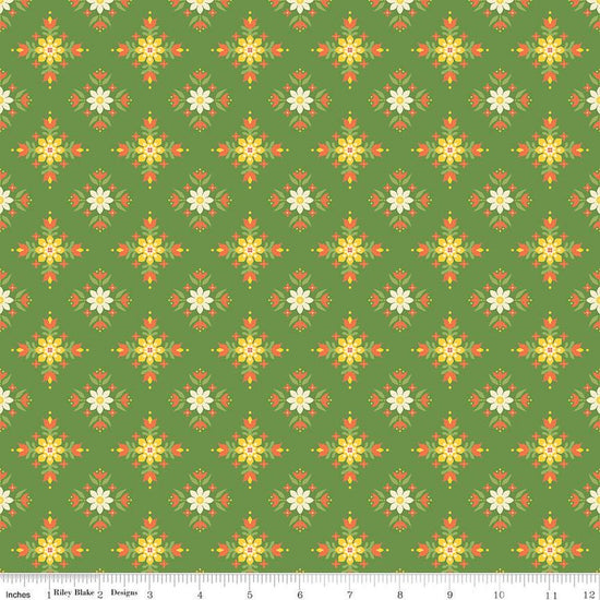 Image of the Autumn Afternoon Flower Clusters Green quilting cotton fabric by Heather Peterson for Riley Blake Designs. Features a tiled design with clusters of flowers on a green background. 
Cute Little Fabric Shop
