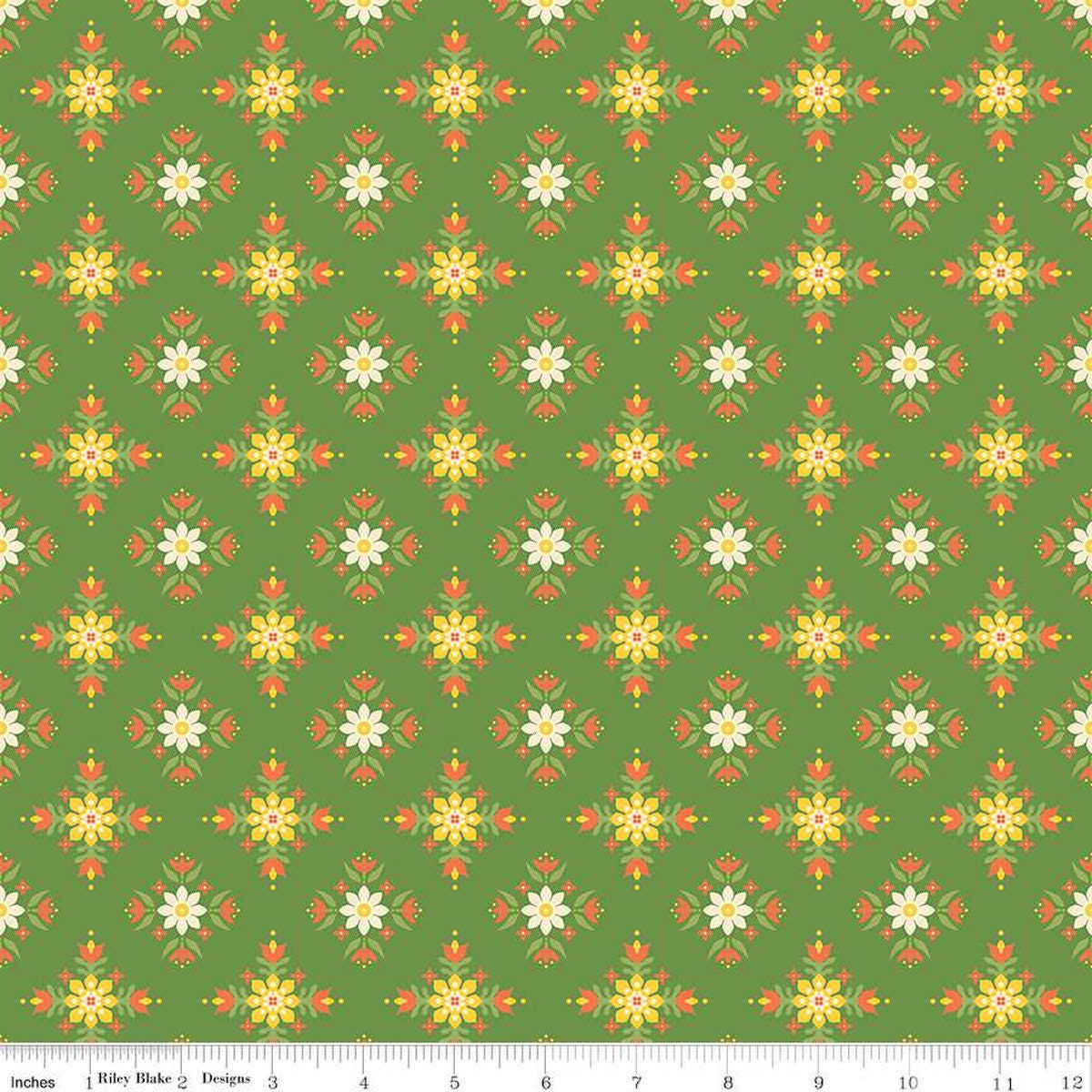 Image of the Autumn Afternoon Flower Clusters Green quilting cotton fabric by Heather Peterson for Riley Blake Designs. Features a tiled design with clusters of flowers on a green background. 
Cute Little Fabric Shop