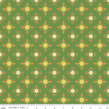 Image of the Autumn Afternoon Flower Clusters Green quilting cotton fabric by Heather Peterson for Riley Blake Designs. Features a tiled design with clusters of flowers on a green background. 
Cute Little Fabric Shop