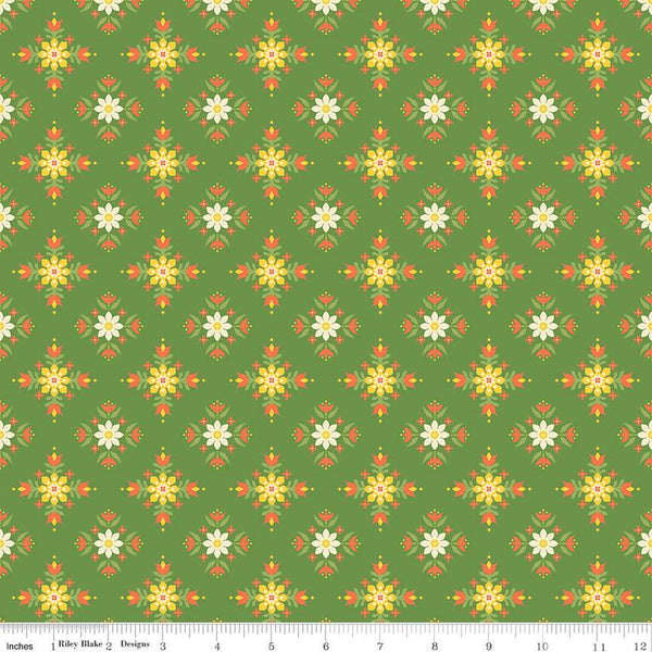 Image of the Autumn Afternoon Flower Clusters Green quilting cotton fabric by Heather Peterson for Riley Blake Designs. Features a tiled design with clusters of flowers on a green background. 
Cute Little Fabric Shop