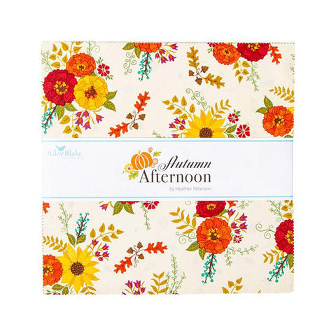 Image of the 10 inch stacker with quilting cotton from the Autumn Afternoon collection by Heather Peterson for Riley Blake Designs. Features the main floral fabric with a cream background on the front. 
Cute Little Fabric Shop