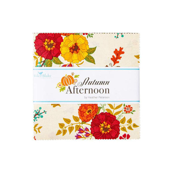 Image of the 5 inch stacker with quilting cotton from the Autumn Afternoon collection by Heather Peterson for Riley Blake Designs. Features the main floral fabric with a cream background on the front. 
Cute Little Fabric Shop