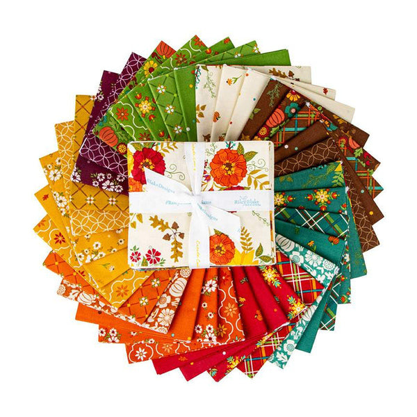 Image of the 34 piece fat quarter bundle with quilting cotton from the Autumn Afternoon collection by Heather Peterson for Riley Blake Designs. Features the main floral fabric with a cream background on the front. 
Cute Little Fabric Shop