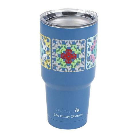 Image of the Lori Holt Granny Square Insulated Tumbler by Lori Holt for Riley Blake Designs. Features a medium blue tumbler that holds 30 ounces with granny square patterns on the top. 
Cute Little Fabric Shop