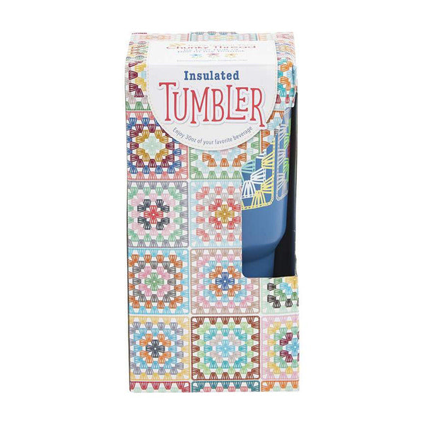 Image of the Lori Holt Granny Square Insulated Tumbler by Lori Holt for Riley Blake Designs. Features a medium blue tumbler that holds 30 ounces with granny square patterns on the top. 
Cute Little Fabric Shop