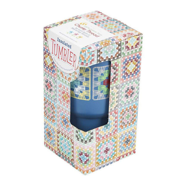 Image of the Lori Holt Granny Square Insulated Tumbler by Lori Holt for Riley Blake Designs. Features a medium blue tumbler that holds 30 ounces with granny square patterns on the top. 
Cute Little Fabric Shop