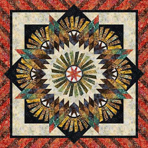 Image of the Quiltworx Tarnished Windmill Quilt Pattern by Bradley and Judy Niemeyer for Riley Blake Designs. The quilt has stripes in a star pattern, with yellows, oranges, and golds. 
Cute Little Fabric Shop