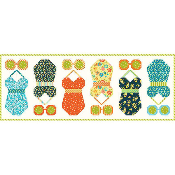 Image of the Ready Set Summer Runner Boxed Kit by Sandy Gervais for Riley Blake Designs. Features a runner quilt with sunglasses and swimsuits. 
Cute Little Fabric Shop