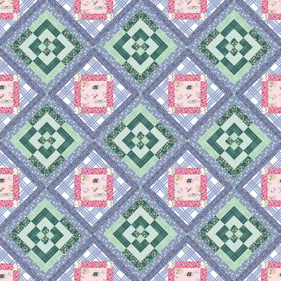 Image of the Chelsey Cobabe Heroine Quilt Pattern. Features a purple, green, and pink quilt with alternating blocks. 
Cute Little Fabric Shop