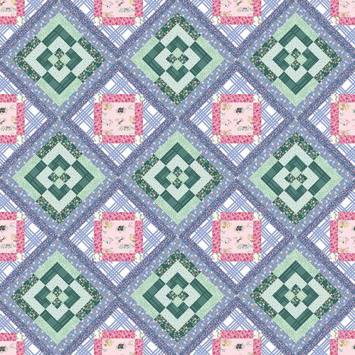Image of the Chelsey Cobabe Heroine Quilt Pattern. Features a purple, green, and pink quilt with alternating blocks. 
Cute Little Fabric Shop