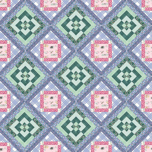 Image of the Chelsey Cobabe Heroine Quilt Pattern. Features a purple, green, and pink quilt with alternating blocks. 
Cute Little Fabric Shop