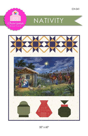 Image of the Charisma Horton Nativity Quilt Pattern. Features the nativity panel from Christmas Wishes by the RBD Designers (PD15043-PANEL) bordered on the top by stars and on the bottom by gifts from the wise men.
Cute Little Fabric Shop