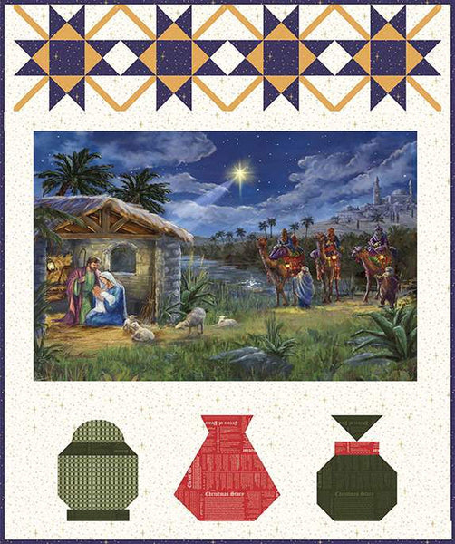 Image of the Charisma Horton Nativity Quilt Pattern. Features the nativity panel from Christmas Wishes by the RBD Designers (PD15043-PANEL) bordered on the top by stars and on the bottom by gifts from the wise men.
Cute Little Fabric Shop