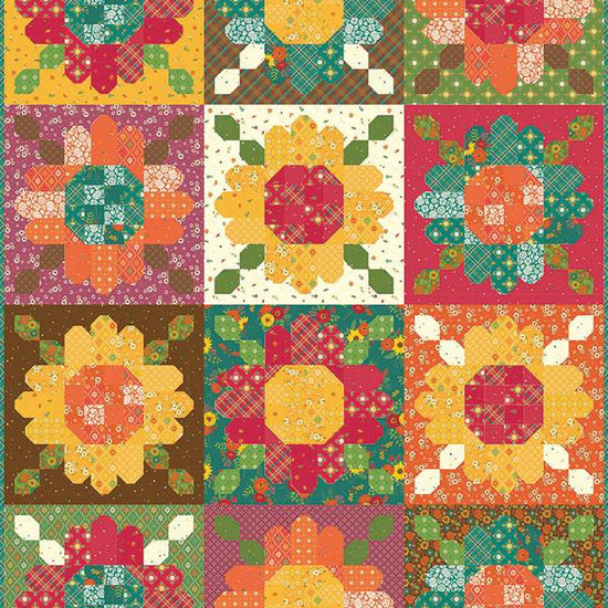 Image of the Zinnia Seeds Sampler Quilt Pattern by Heather Peterson for Riley Blake Designs. Features  pieced flowers in green, red, yellow, orange, and brown.
Cute Little Fabric Shop