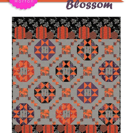 Image of the Charisma Horton Squash Blossom Quilt Pattern by Riley Blake Designs featuring Bittersweet Farm. Quilt has alternating blocks on a grey background with pumpkins on the top and bottom. 
Cute Little Fabric Shop