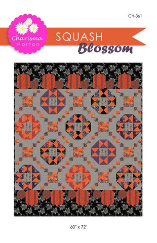 Image of the Charisma Horton Squash Blossom Quilt Pattern by Riley Blake Designs featuring Bittersweet Farm. Quilt has alternating blocks on a grey background with pumpkins on the top and bottom. 
Cute Little Fabric Shop