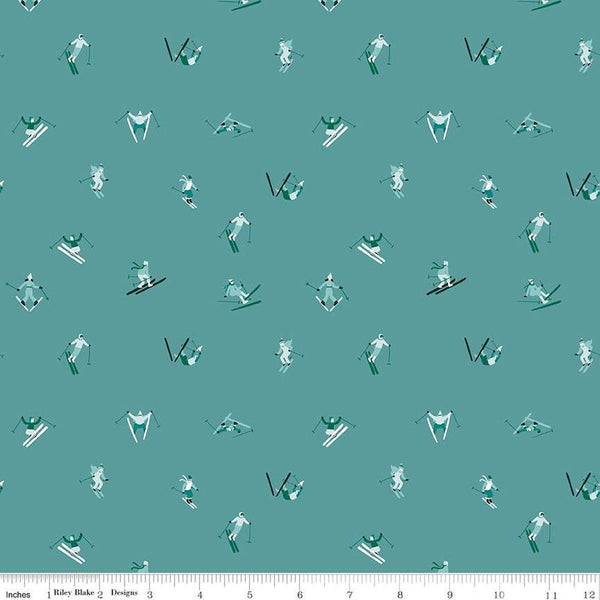 Image of the Ski Hill Skiers Teal quilting cotton fabric by Corinne Wells for Riley Blake Designs. Features scattered people skiing on a teal green blue background.
Cute Little Fabric Shop