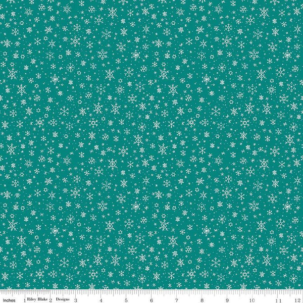 Image of the Ski Hill Snowflake Teal quilting cotton fabric by Corinne Wells for Riley Blake Designs. Features white snowflakes and dots scattered on a teal blue green background.
Cute Little Fabric Shop