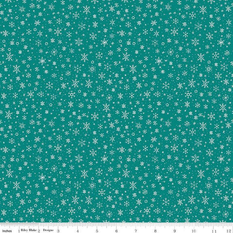 Image of the Ski Hill Snowflake Teal quilting cotton fabric by Corinne Wells for Riley Blake Designs. Features white snowflakes and dots scattered on a teal blue green background.
Cute Little Fabric Shop