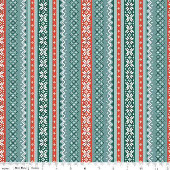 Image of the Ski Hill Sweater Teal quilting cotton fabric by Corinne Wells for Riley Blake Designs. Features a red and teal striped sweater pattern on a teal blue green background.
Cute Little Fabric Shop