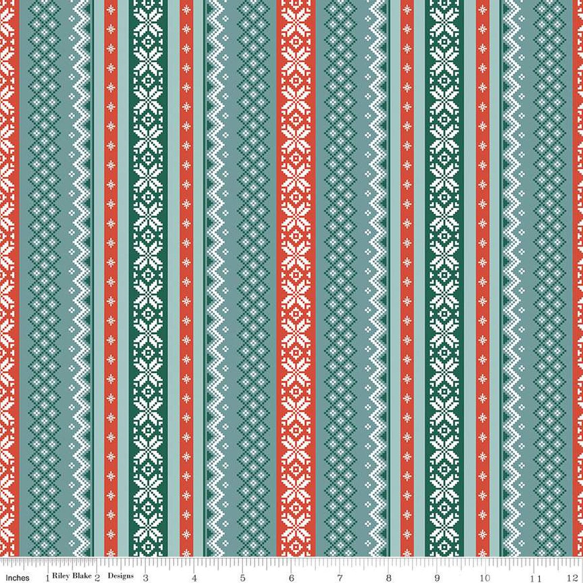 Image of the Ski Hill Sweater Teal quilting cotton fabric by Corinne Wells for Riley Blake Designs. Features a red and teal striped sweater pattern on a teal blue green background.
Cute Little Fabric Shop