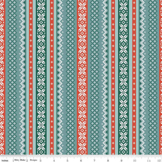 Image of the Ski Hill Sweater Teal quilting cotton fabric by Corinne Wells for Riley Blake Designs. Features a red and teal striped sweater pattern on a teal blue green background.
Cute Little Fabric Shop