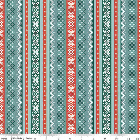 Image of the Ski Hill Sweater Teal quilting cotton fabric by Corinne Wells for Riley Blake Designs. Features a red and teal striped sweater pattern on a teal blue green background.
Cute Little Fabric Shop