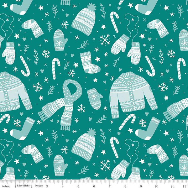 Image of the Ski Hill Main Teal quilting cotton fabric by Corinne Wells for Riley Blake Designs. Features white winter clothing, candy canes, snowflakes, stars, and more on a teal blue green background.
Cute Little Fabric Shop