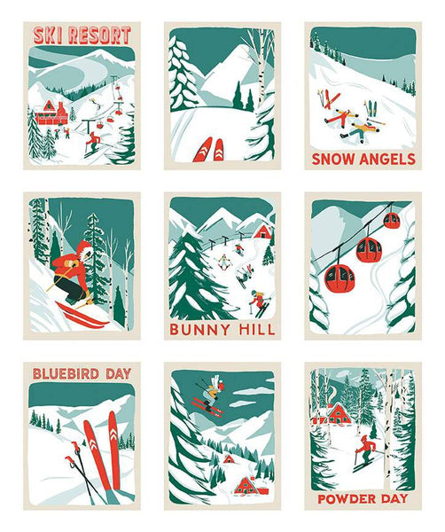 Image of the Ski Hill Panel by Corinne Wells for Riley Blake Designs. Features a patchwork of ski posters with skiers, mountains, trees, ski lifts, snow. 
Cute Little Fabric Shop