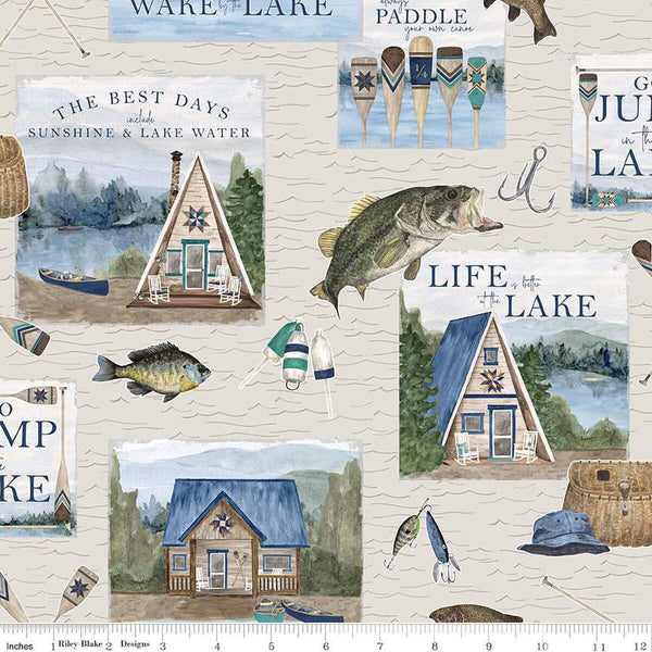 Tan cream quilting cotton fabric with Riley Blake Wake at the Lake fabric. Features large icons of cabins, fish, hats, bait, and hooks
Cute Little Fabric Shop